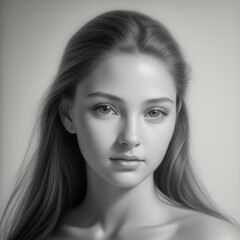 Fototapeta premium Monochrome detailed graphite pencil drawing, portrait of a beautiful young woman. Generative AI