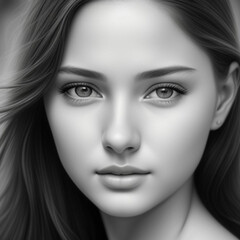 Fototapeta premium Monochrome detailed graphite pencil drawing, portrait of a beautiful young woman. Generative AI