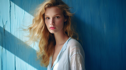 Outdoor portrait of a young female fashion model wearing a light blue and white shirt and standing in front of a sunlit blue wall. Blond woman with a clear and healthy complexion.