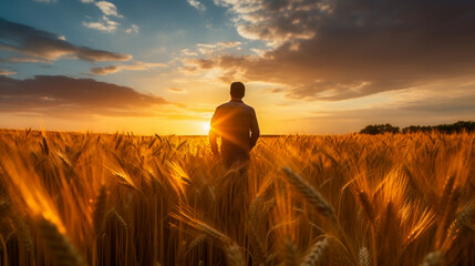 Silhouette of a farmer amidst a wheat field, gazing at the setting sun, capturing a moment of reflection. - obrazy, fototapety, plakaty