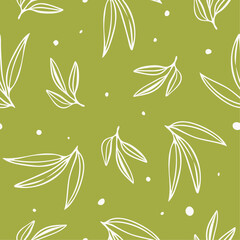 Fototapeta na wymiar Leaf background. Green seamless pattern with leaves in minimal line doodle style. Decorative repeat package backdrop