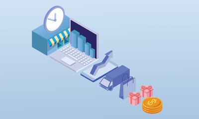 Online trade and shipping statistics.on blue background.3D design.isometric vector design Illustration.