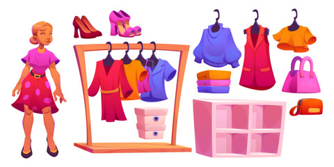 Naklejka na ściany i meble Women cloth boutique interior elements. Cartoon vector set of fashion store objects - female mannequin, rack with apparel on hangers, dresses and shirts, shoes and accessories, empty shelves.