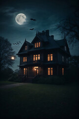 Fototapeta na wymiar Horror zombie near the abandoned house. Halloween generated by AI.