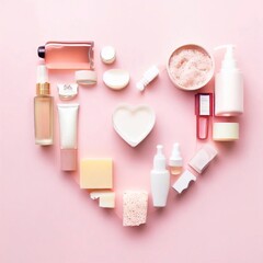 composition of skincare products shaped into a heart