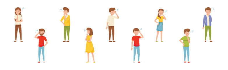 Young Man and Woman Thinking Standing with Puzzled Face and Question Mark Vector Set