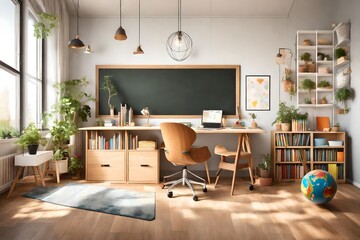 Children's study room at home. Modern spacious interior with desk, chair, bookshelves, chalkboard, and laminate flooring.