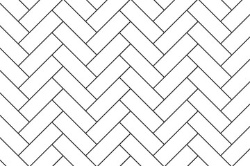 Herringbone or fishbone tile pattern. Brick or panel wall background. Parquet texture. Kitchen backsplash or bathroom floor mosaic surface. Causeway layout. Vector outline illustration