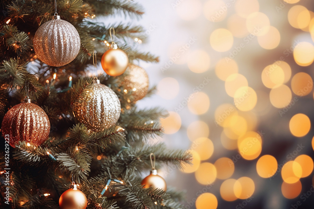 Poster decorated christmas tree on bokeh background..