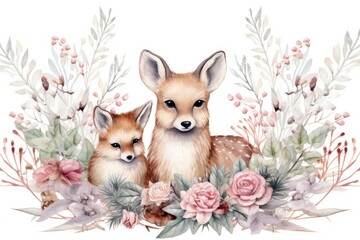Watercolor Adorable woodland animals in the forest, boho,  Kids room wallpaper design. Generative AI