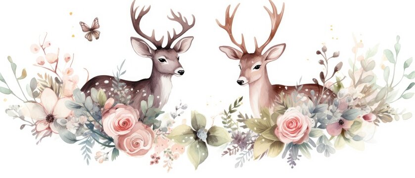 Watercolor Adorable woodland animals in the forest, boho, Deer, Kids room wallpaper design. Generative AI
