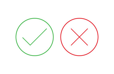 green check mark and red cross thin line isolated vector icons, yes or no concept