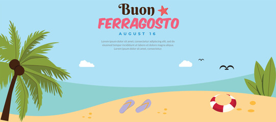 Fototapeta na wymiar Buon Ferragosto background. Italian summer festival. Vector illustration. greeting card, poster, banner, template. Italy flag. August 15. 