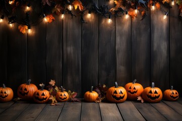 Halloween pumpkin carved smile face with light bulbs and Autumn leaves decorative on grunge wooden backdrop for October event - obrazy, fototapety, plakaty