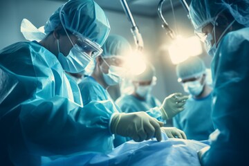 sterile operating room, a team of surgeons, dressed in blue scrubs and masks, meticulously perform a procedure; the overhead lights casting focused illumination on their hands - obrazy, fototapety, plakaty