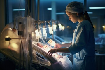 lit neonatal ICU, a dedicated nurse gently tends to a premature infant - obrazy, fototapety, plakaty