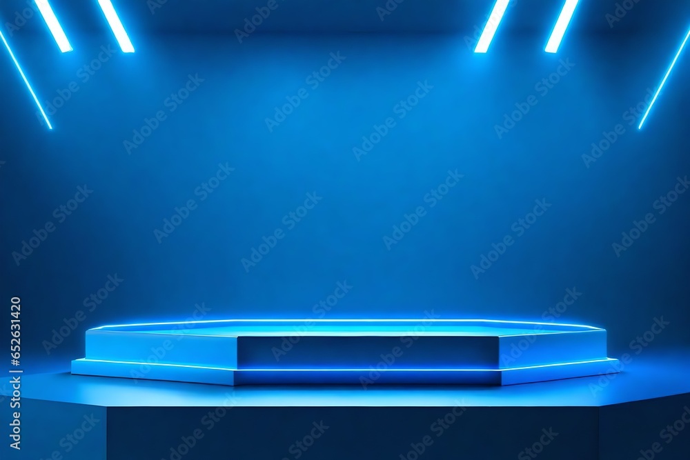 Poster light empty backgroung podium with blue neon color copy space for text