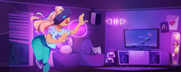 Girl gamer in living room play vr vector cartoon background. Video game on console with virtual reality technology. Purple house with armchair, tv, led light and playing setup for female teen