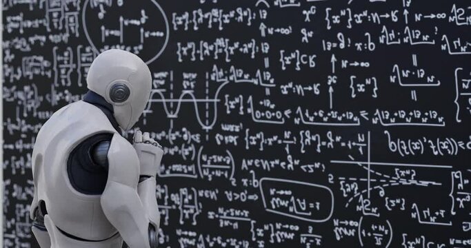 Human-like Robot Thinking Out Loud. Smart Android Person Solving Scientific Problem Writing Formulas On Chalkboard Focused On Studies. Future And Knowledge 3D Concept.