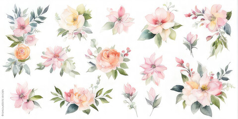 Set watercolor elements of pink roses; a collection of garden flowers; leaves; and branches. Botanic; illustration, eucalyptus, Generative Ai