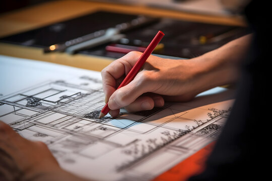 close-up photo of a hand drawing a colour interior design with a marker pen