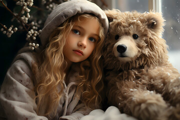 girl with a toy,  girl and a teddy bear sits in front of the window in her room and watches outside , snowy cozy weather 