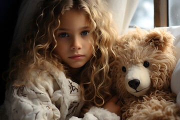 girl with a toy,  girl and a teddy bear sits in front of the window in her room and watches outside , snowy cozy weather 