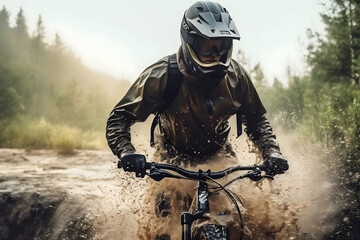 Obraz premium biker in action, mountain biker rides through a puddle on mountain trail