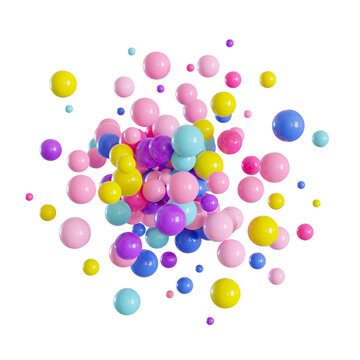 Colorful balloons on transparent background. Multicolor, vibrant foreground. Cut out graphic design elements. Round shape, explosion, blast, circle. Happy birthday, party decoration. 3D render.