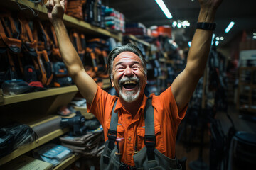 Exuberant man ecstatically explores top-tier hardware store, handyman heaven brimming with DIY tools and woodwork essentials. - obrazy, fototapety, plakaty