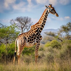 Naklejka na ściany i meble Giraffe in the wild forest concept safari wildlife