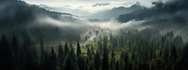 A Bird's Eye View Of A Pine Forest, Naturalism, Anamorphic Widescreen, Thick Northern Pacific Rain Forest With Low Cloud - obrazy, fototapety, plakaty