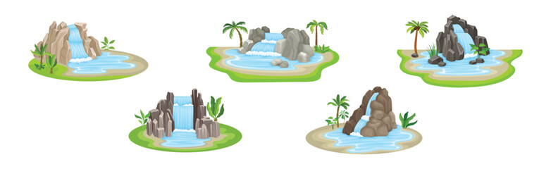 Waterfall Falls from Stone Rock or Cliff Vector Set