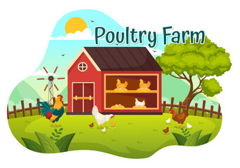 Poultry Farm Vector Illustration with Chickens, Roosters, Straw, Cage and Egg on Scenery of Green Field Background in Flat Cartoon Design