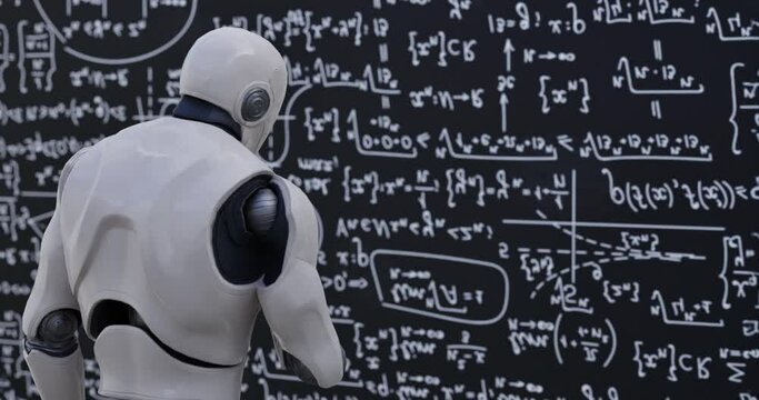 Human-like robot thinking out loud. Smart android person solving scientific problem writing formulas on chalkboard focused on studies. Future and knowledge 3D concept.