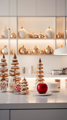Christmas cookies on a white kitchen table. New Year's interior of a modern apartment.