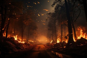 Nature's Fury: A Forest Fire Raging Near a Scenic Background Road