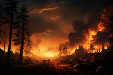 Battling the Blaze: A Dramatic Forest Fire Scene Alongside a Fire Background Road