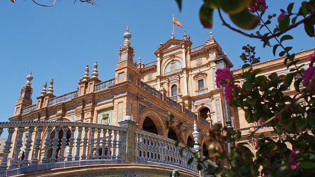 4k Video of The stunning Plaza de Espana, Seville, Andalusia, Spain, built for the Ibero-American Exposition of 1929, designed by Anibal Gonzalez