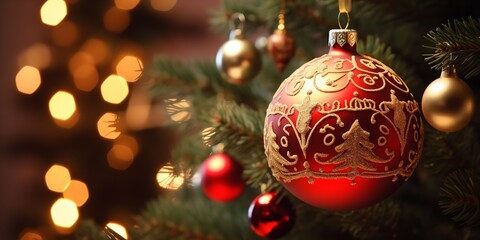 Christmas tree decorated on a blurry background. Generative Ai.