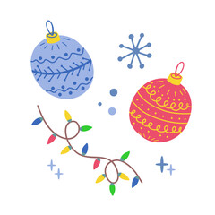 Christmas elements for pattern, vector with cute Christmas balls, snowflakes and Christmas lights.