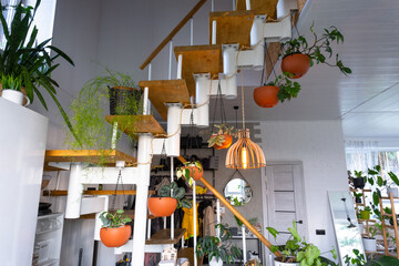 Modular metal staircase with wooden steps in the white interior of a green house with potted...