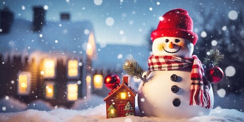 Obraz premium Happy snowman in winter scenery with a panoramic picture with copy space. Generative Ai.