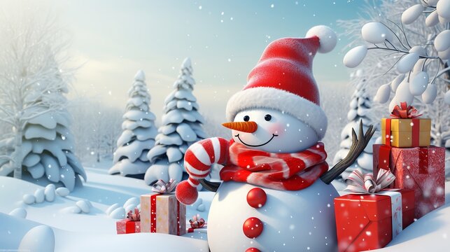 Happy snowman in winter scenery with a panoramic picture with copy space. Generative Ai.