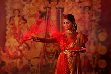 Portrait of married Bengali woman celebrating Durga Puja