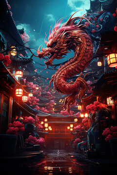 Fantastical background with dragon in cartoon style, fantastic character, colorful bright, ai generative art