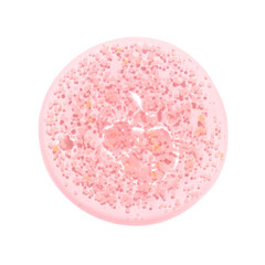 Pink serum oil sample swatch round shape texture isolated on white background. Cosmetic science lab product