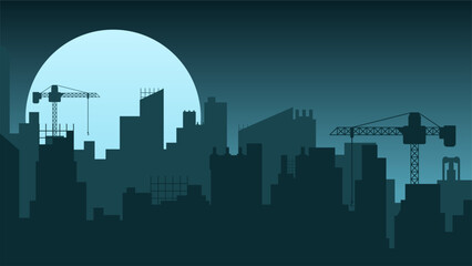 Obraz premium Construction city landscape at night vector illustration. Silhouette of industrial cityscape. City landscape for background, wallpaper or landing page. Construction skyline building illustration
