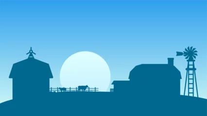 Fototapeten Countryside farmhouse landscape vector illustration. Silhouette of farm landscape with cow livestock, barn and windmill. Rural agriculture landscape for background, wallpaper or landing page © Moleng