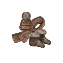 Winter elements hand drawn illustrations. Cute hat, scarf, boot, shoe. Warm winter symbols.